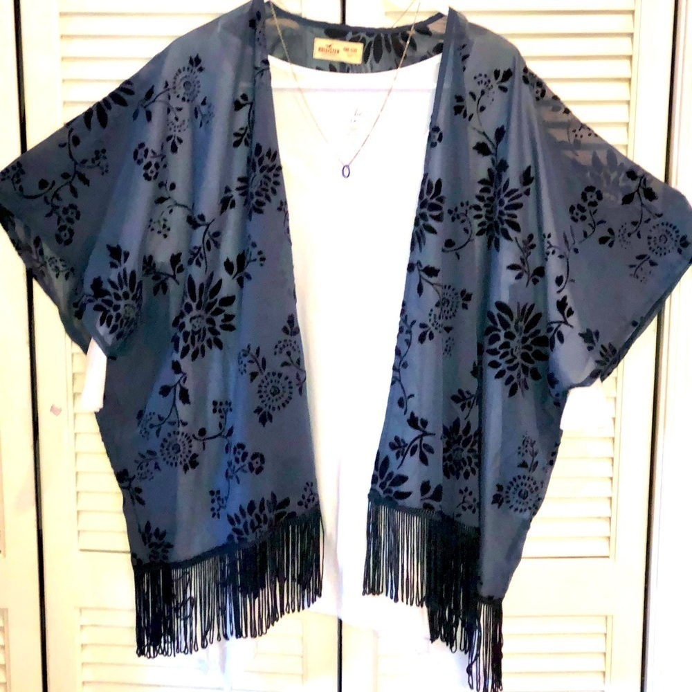 Hollister Blue Floral Shrug with fringe One Size fits all